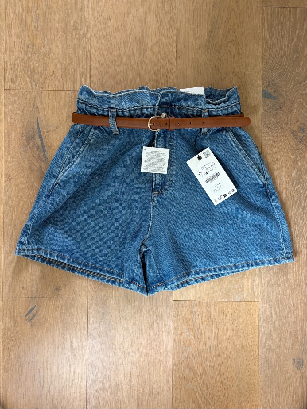 Zara Blue Denim Paperbag Shorts with Brown Belt
